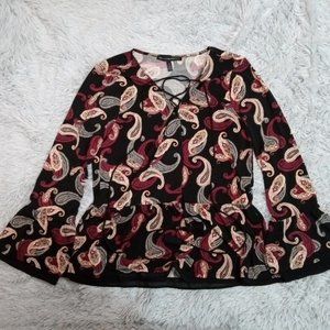 White House Black Market Black Paisley Lace-Up Peplum Blouse